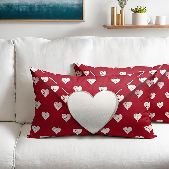 Valentines Day Pillow Covers 12x20 Set of 2 White Red Heart Throw Pillow Covers Love Pillowcase Linen Decoration Farmhouse Holiday Cozy Soft Cushion Case Couch for Indoor Outdoor Home Decor