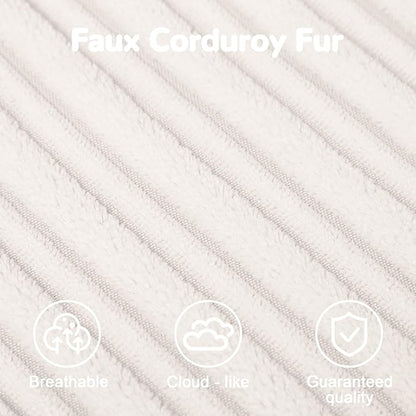 MeMoreCool Square Stuffed Pouf Ottoman Foot Rest, Stripe Furry Floor Pouf Foot Stool with Foam Chunk Filling, Soft Fluffy Stuffed Ottoman Footrest for Living Room, Corduroy Beige