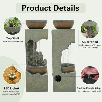 37.4''H 2-Tiered Rainfall Bowl Garden Water Fountain with LED Lights and Pebbles, Modern Crackled Stone Feature Waterfall for Porch, Deck, Yard, Patio, and Home Décor