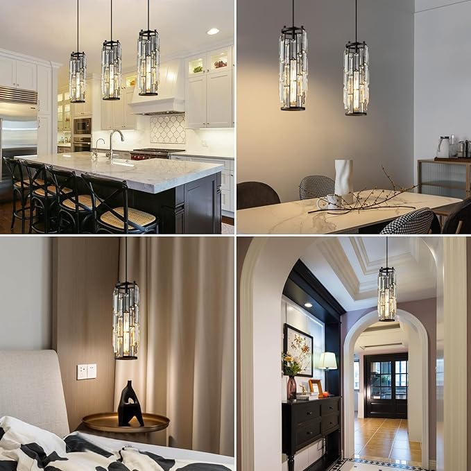 LMQNINE Modern Crystal Pendant Light for Kitchen Island, Adjustable Black Mini Pendant Lighting Fixture with K9 Crystal, E27 Base, Modern Hanging Light for Bedroom Dining Room Bar, 1-Pack