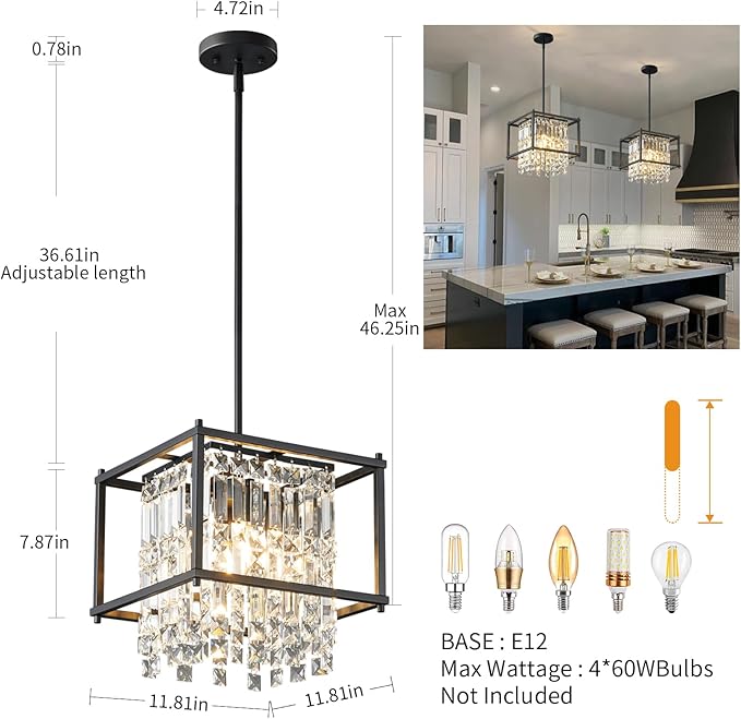 LMQNINE Modern Foyer Chandelier, Black Crystal Chandelier Entryway Light Fixture, Square Adjustable Height Chandeliers for Kitchen Island, L11.81'' x H7.87''