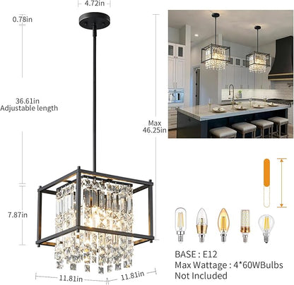 LMQNINE Modern Foyer Chandelier, Black Crystal Chandelier Entryway Light Fixture, Square Adjustable Height Chandeliers for Kitchen Island, L11.81'' x H7.87''