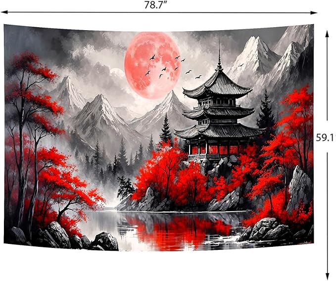 Delur Japanese Forest Tapestry Anime Red and Black Mountain Vintage Moon Nature Tapestry Wall Hanging Tree Sunset Landscape Cherry Blossom Headboard for Bedroom Living Room Home Decor (59.1" x 78.7")