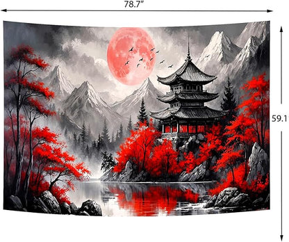 Delur Japanese Forest Tapestry Anime Red and Black Mountain Vintage Moon Nature Tapestry Wall Hanging Tree Sunset Landscape Cherry Blossom Headboard for Bedroom Living Room Home Decor (59.1" x 78.7")