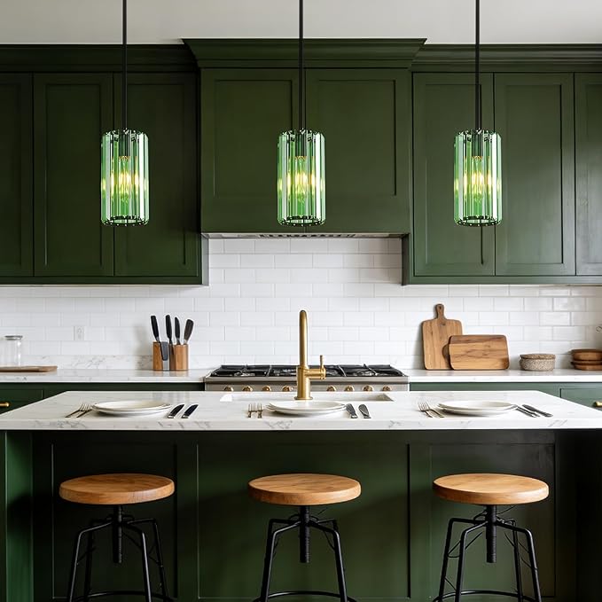 Modern Crystal Pendant Light Mini Light Green Chandeliers Adjustable Pendant Lights Fixture for Kitchen Island Dinning Room Corridor Bedroom(Light Green 2-Pack)