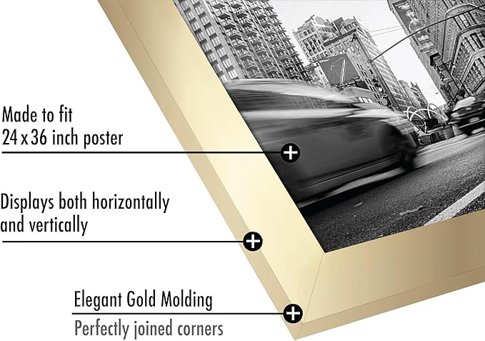 Americanflat 24x36 Poster Frame with Polished Plexiglass - Gold Picture Frame - Wide Photo Frames Made of Engineered Wood for Vertical or Horizontal Wall Display - Epic Collection - Gold