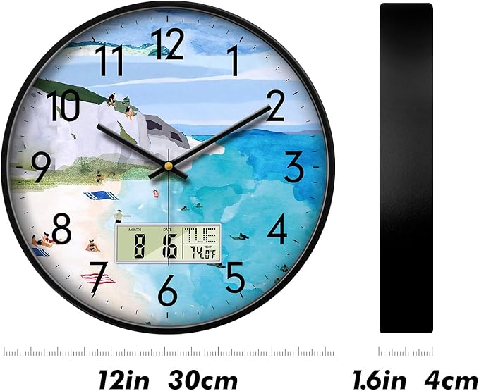 Silent Wall Clock with Temperature Day and Date Blue Mountain and Sea Beach Non-ticking Kitchen Clock Digital Large Display Battery Operated Clocks Decor for Bathroom Living Room Office 12 Inch