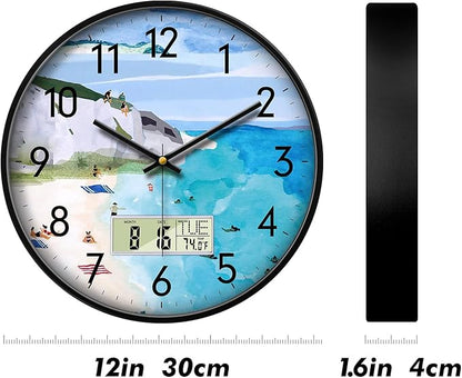 Silent Wall Clock with Temperature Day and Date Blue Mountain and Sea Beach Non-ticking Kitchen Clock Digital Large Display Battery Operated Clocks Decor for Bathroom Living Room Office 12 Inch