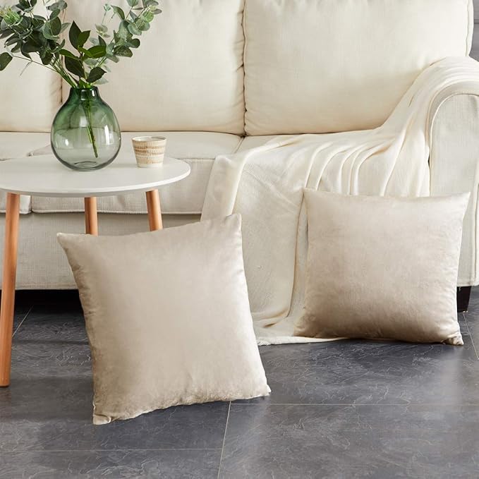 GIGIZAZA Velvet Throw Pillow Covers 18x18,Pack of 2 Champagne Beige Modern Pillow Covers Square Small Solid Pillow Vintage Cases for Living Room Couch