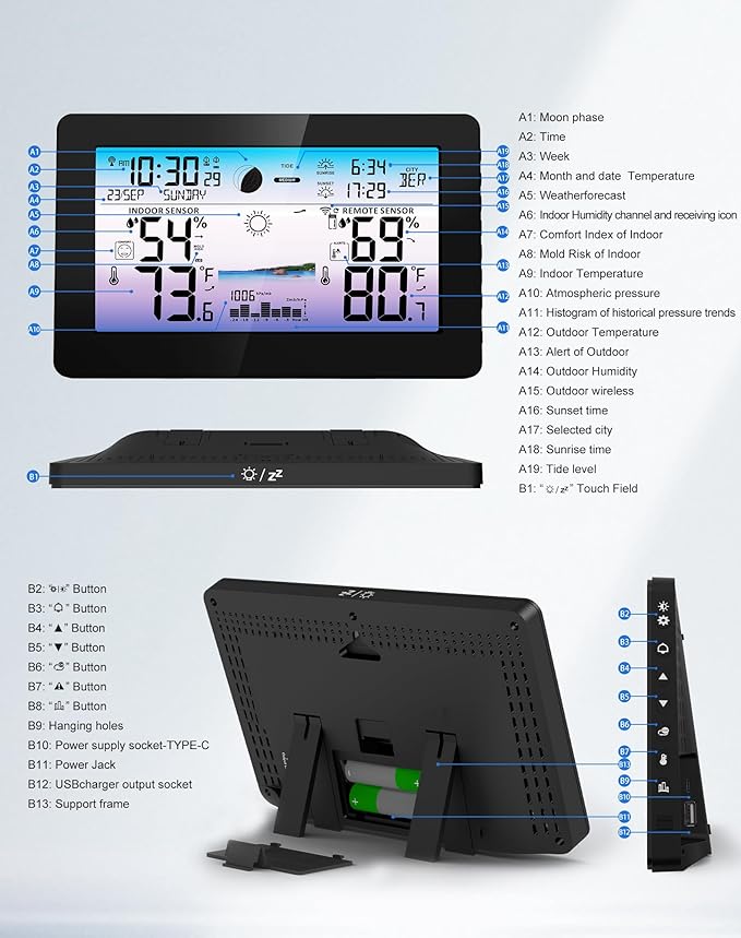 Weather Station Wireless Indoor Outdoor, Digital Thermometer with Accurate Temperature & Humidity, Large Color HD Display with Remote Sensor, Weather Forecast, Atomic Clock, Moon Phase