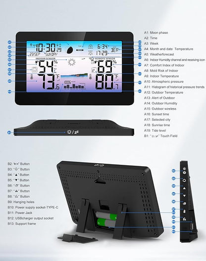 Weather Station Wireless Indoor Outdoor, Digital Thermometer with Accurate Temperature & Humidity, Large Color HD Display with Remote Sensor, Weather Forecast, Atomic Clock, Moon Phase