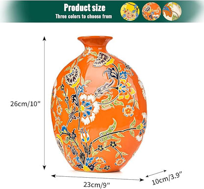 Sungmor High-Class Enamel Painted Porcelain Vase, Traditional Hand-Carved Overglaze Color Ceramic Vase for Fresh Flowers Dried Plants Arrangement, Decorative Vase for Centerpieces, Shelf, Living Room