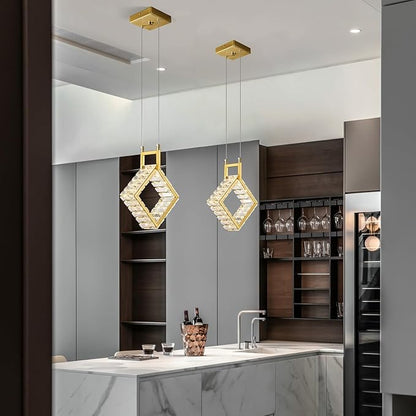 Kitchen Island Mini Light Fixture Modern Led Crystal Pendant Light Gold Square Chandelier for Dining Room Living Room Kitchen Bedroom Bar（1-Pack）…