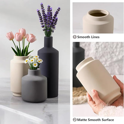 Modern Ceramic Vase Set, Neutral Decorative Vases for Home Decor, Small Flower Pottery Vase Sets for Pampas Grass Dried Flowers, for Living Room, Mantel, Shelf, Bedroom, Bathroom