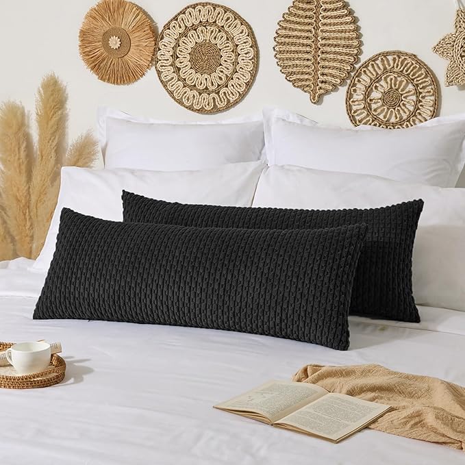 Kevin Textile 14x36 Inch Long Lumbar 1 Pack Boho Decorative Throw Pillow Cover Soft Striped Corduroy Rectangle Cushion Case Farmhouse Accent for Living Room Couch Sofa Bed, Black