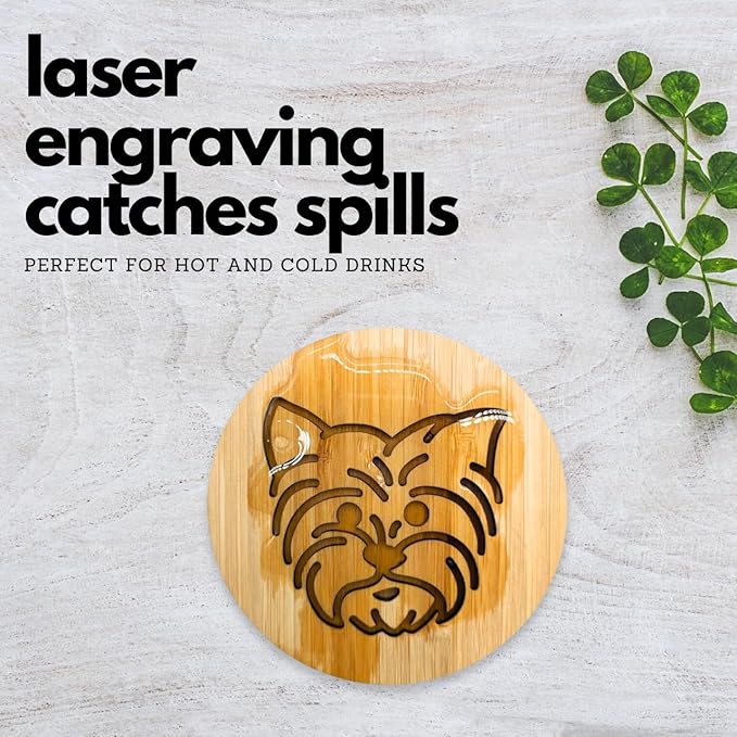 Set of 6 Bamboo Laser-Engraved Fun Dog Coasters with Iron Holder - Gift Packaging 3.9 Inch Non-Stick Absorbent Durable and Unbreakable Wooden Cup Coasters for Dog Lovers (Yorkie)