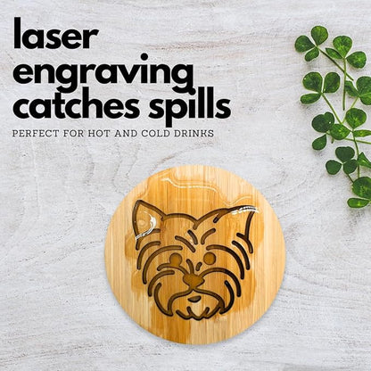 Set of 6 Bamboo Laser-Engraved Fun Dog Coasters with Iron Holder - Gift Packaging 3.9 Inch Non-Stick Absorbent Durable and Unbreakable Wooden Cup Coasters for Dog Lovers (Yorkie)