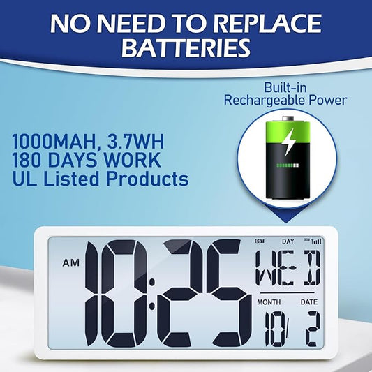 (6" Numbers) Display Built-in Rechargeable Power 18.44" Atomic Wall Clock -Night Display-Never Needs Setting!-Easy to Read Numbers-Never Need Replace Battery