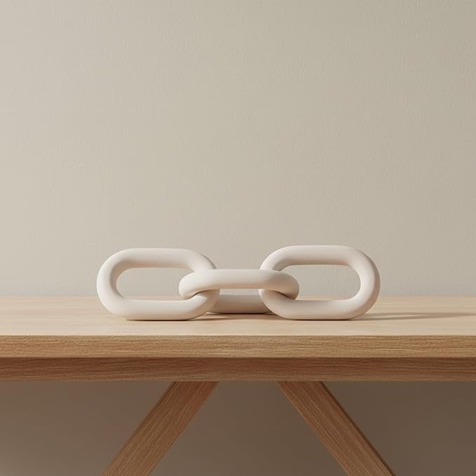 Wooden Chain Link Sculpture for Home Decor - Accent Display for Bathroom, Office, and Living Room - Handcrafted Link for Shelf Styling - Modern Room Coffee Table Decor Ornament, 4", White