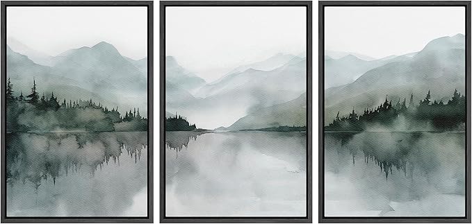 MUDECOR Framed Wall Art Print Set Misty Mountain Lake Watercolor Serene Illustrations Modern Art Boho Decorative Colorful Chic for Living Room, Bedroom, Office - 24"x36"x3 Black