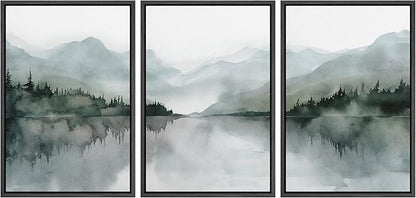 MUDECOR Framed Wall Art Print Set Misty Mountain Lake Watercolor Serene Illustrations Modern Art Boho Decorative Colorful Chic for Living Room, Bedroom, Office - 24"x36"x3 Black