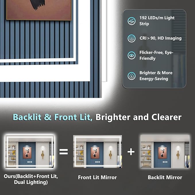 60x28 Inch LED Bathroom Mirror with Lights, Backlit & Front Lit, Anti-Fog Lighted Vanity Mirrors for Bathroom Wall, Dimmable, 3-Color Light, Memory, Shatter-Proof, Tempered Glass, ETL Listed