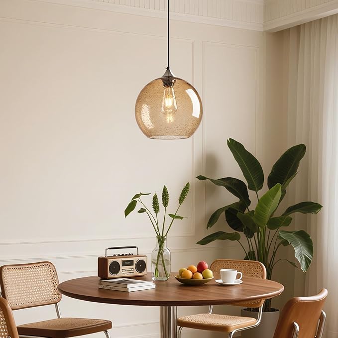 Light Brown Glass Pendant Lights Kitchen Island Globe Pendant Light Fixtures Modern Pendant Lighting for Bedroom Living Dining Room Light Fixture (9.84 in, 3 Pack)