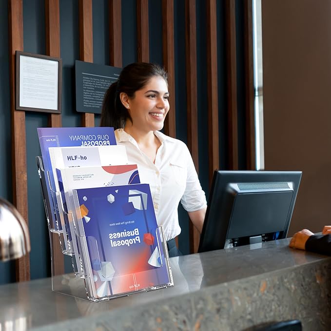 Brochure Holder 8.5x11 Inch 4 Tier with Removable Divider for 4x9 inch Clear Acrylic Pamphlet Display Stand Holder Countertop Use or Wall Mount for Office, Lobby, Hotel, Trade Show, 1 Pack