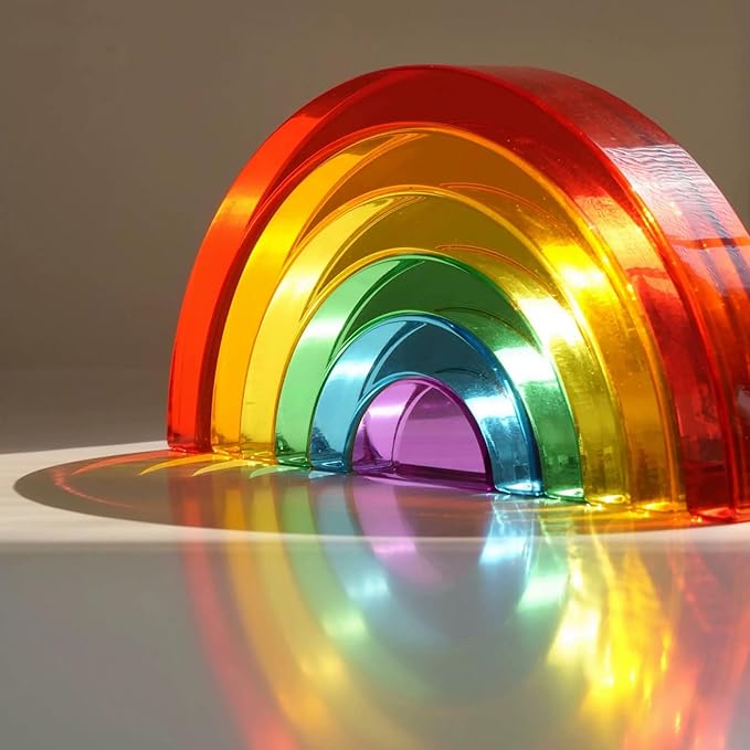 6PCS Acrylic Rainbow Stacker Toy, 100% Acrylic Stacking Toy,Montessori Arch Bridge Rainbow Building Blocks for Kids, Educational Sensory Light Learning Toys