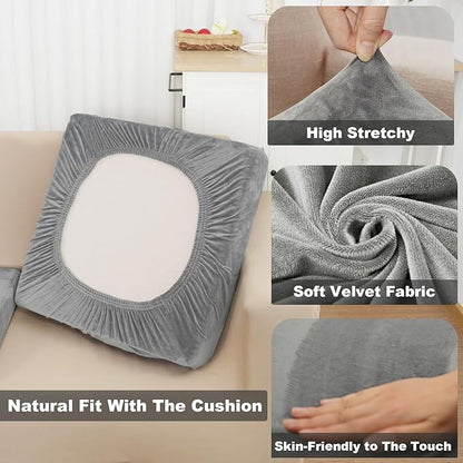 NAISI Sectional Couch Covers 6 Pieces Velvet Couch Cushion Covers L Shape Soft Stretch Sofa Slipcovers with 2pcs Pillowcases for Left/Right Chaise Sectional Couch(2 Seater+1 Chaise+3 Back,Light Grey)