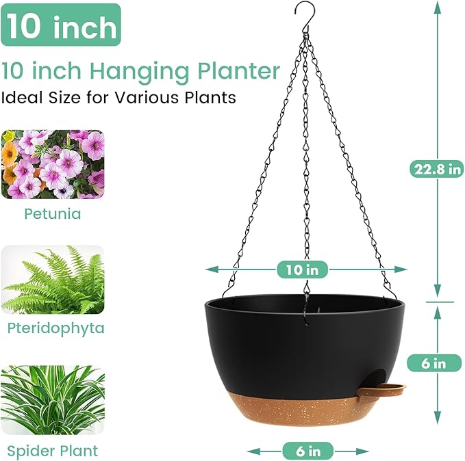 Set of 3-10 Inch Self Watering Hanging Planters for Indoor & Outdoor，Hanging Plant Pots with Drainage & Removable Tray, Hanging Pots Holder for Ivy, Pothos, Ferns, Balcony & Patio, Black with Brown