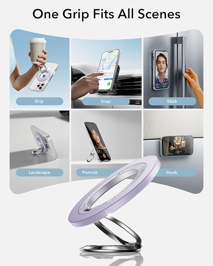 ESR for MagSafe Phone Grip, Dual-Side Magnetic Phone Grip,360° Adjustable Thin Magnetic Ring Holder Stand,for iPhone 17 16 15 14 13 12, Samsung,All Phones, MagSafe Accessories (2 Metal Rings Included)