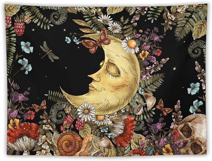 Boho Moon Tapestry Wall Hanging,Vintage Sun and Moon Skull Hippie Mushroom Floral Plant Tapestries for Dorm Living Room Bedroom Decor(60"x80")
