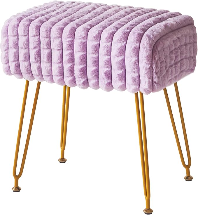 IBUYKE Rectangular Footrest Stool Ottoman, Makeup Vanity Stool Side Table, Velvet Dressing Table Seat, Footstool Chair, Golden Steel Legs, for Makeup Room, Bedroom, Square grid pattern, Purple WBD003V