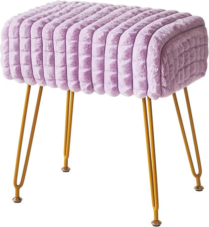 IBUYKE Rectangular Footrest Stool Ottoman, Makeup Vanity Stool Side Table, Velvet Dressing Table Seat, Footstool Chair, Golden Steel Legs, for Makeup Room, Bedroom, Square grid pattern, Purple WBD003V