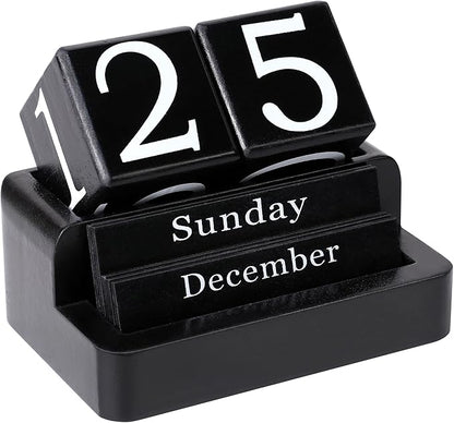 Wooden Block Calendar for Desk, Daily Desktop Perpetual Desk Calendar, Modern Farmhouse Aesthetic Desk Accessories for Home Office Decor, Teacher, Classroom, Reusable Yearly, Black