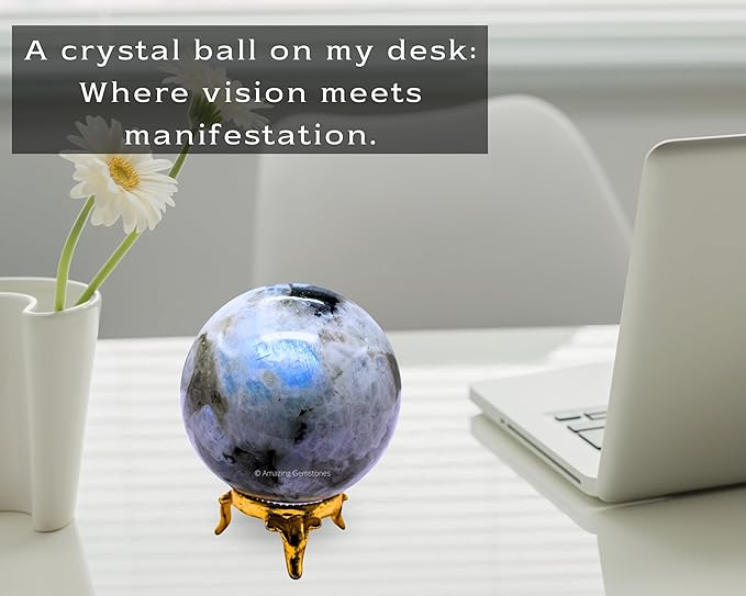 Amazing Gemstone Rainbow Moonstone Crystal Ball with Stand - 2.5 Inches Large Crystal Sphere Meditation Balls for Witchcraft and Decorative Balls
