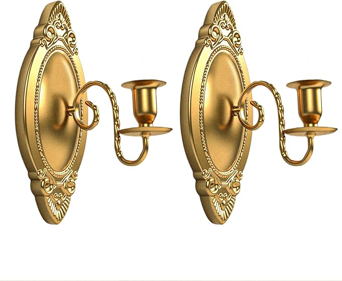 Gold Candle Sconces Set of Two, Brass Color Victorian Royal Wall Sconce, Metal Rustic Candle Holder Baroque Home Wall Decor for Living Room, Dining Room, Bedroom, Fireplace, Hallway, Window