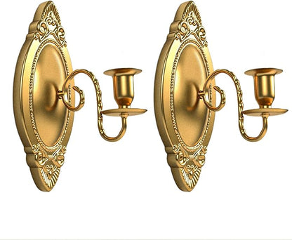 Gold Candle Sconces Set of Two, Brass Color Victorian Royal Wall Sconce, Metal Rustic Candle Holder Baroque Home Wall Decor for Living Room, Dining Room, Bedroom, Fireplace, Hallway, Window