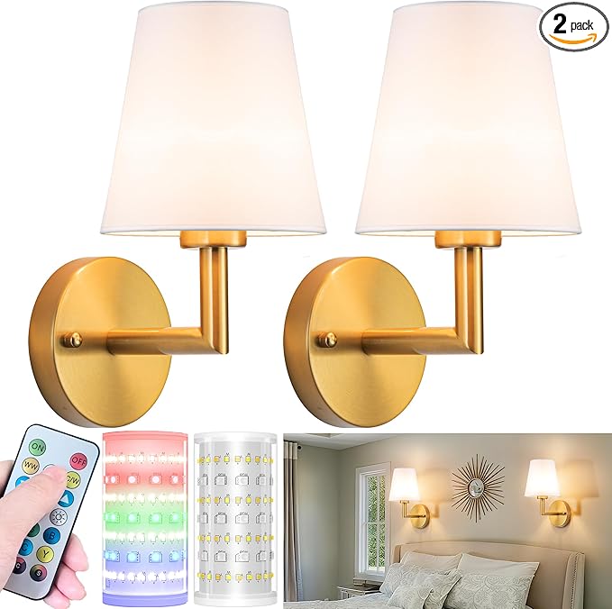 Battery Operated Wall Sconces Set of 2, Wireless Wall Light with 10000mAh RGB Dimmable Magnetic Bulb, Rechargeable Wall Sconce with Remote Control for Bedroom Living Room