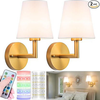 Battery Operated Wall Sconces Set of 2, Wireless Wall Light with 10000mAh RGB Dimmable Magnetic Bulb, Rechargeable Wall Sconce with Remote Control for Bedroom Living Room