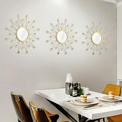 Uaussi 3 Pack Crystal Sunburst Wall Mirror Décor Rhinestone Mirrors Decorative Home Wall Art for Living Room Bedroom Entryway (Triangle Burst Gold)