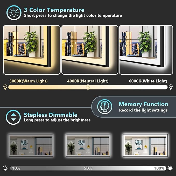 88x38 Inch Black Framed LED Bathroom Mirror with Lights, Backlit & Front Lit, Anti-Fog Lighted Vanity Mirrors for Bathroom Wall, Dimmable, 3-Color Light, Memory, Shatter-Proof, Tempered Glass