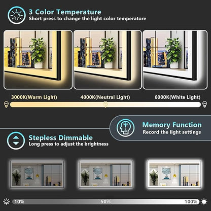 84x32 Inch Black Framed LED Bathroom Mirror with Lights, Backlit & Front Lit, Anti-Fog Lighted Vanity Mirrors for Bathroom Wall, Dimmable, 3-Color Light, Memory, Shatter-Proof, Tempered Glass