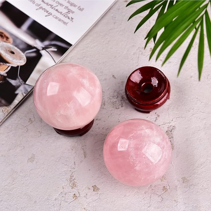 JIC Gem 2.5 Inch Natural Pink Rose Quartz Magic Crystal Healing Ball Ornament Sphere with Wood Stand for Decoration, Meditation, Scrying Mirror, Feng Shui.