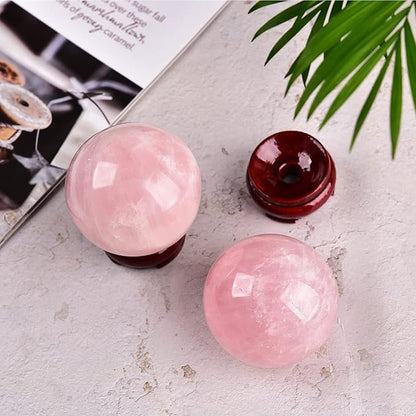 JIC Gem 2.5 Inch Natural Pink Rose Quartz Magic Crystal Healing Ball Ornament Sphere with Wood Stand for Decoration, Meditation, Scrying Mirror, Feng Shui.