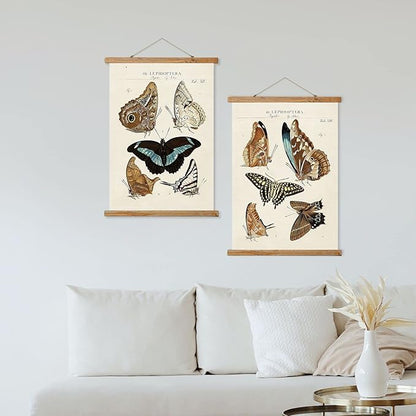 Vintage Butterfly Hanging Posters, Retro Style of Wall Art Prints, Printed on Linen with Wood Frames, Ready to Hang