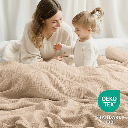 100% Cotton Muslin Blanket 50" x 60", Breathable and Lightweight Cotton Throw Blankets for Couch, Soft Cooling Summer Gauze Blanket for Adults All Season, Beige