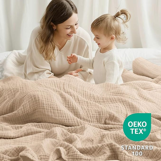 100% Cotton Muslin Blanket 40" x 40", Breathable and Lightweight Cotton Throw Blankets, Soft Cooling Summer Gauze Blanket for All Season, Beige