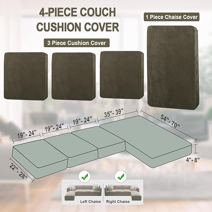 Sectional Couch Cover 4 Pieces Velvet Separate Couch Cushion Covers L Shape Soft Stretch Sofa Slipcovers with 2pcs Pillowcases for Left/Right Chaise Sectional Couch(3 Seater+1 Chaise,Olive Green)